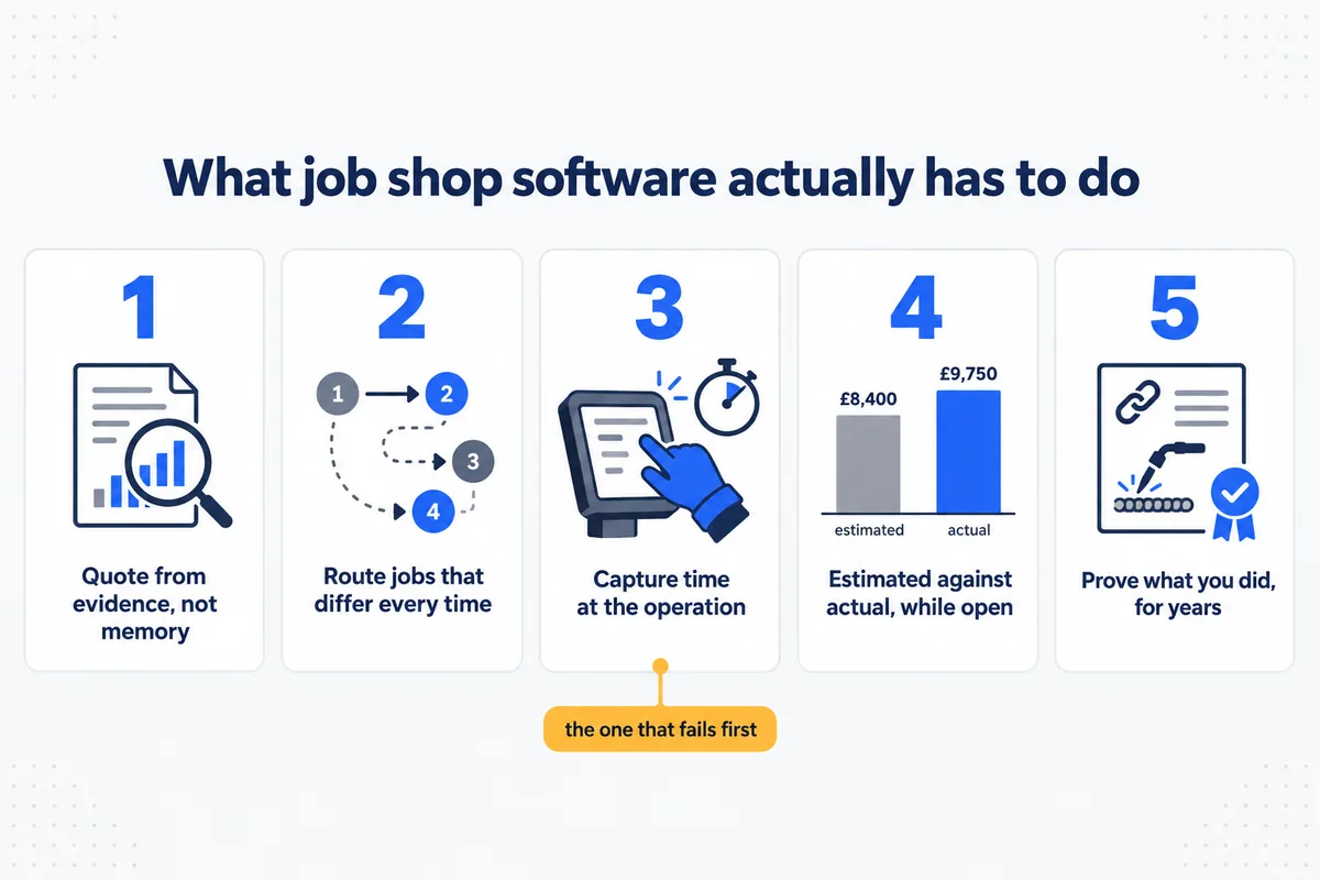 The five jobs job shop software has to do: quote from evidence, route jobs that differ, capture time at the operation, show estimated against actual, and prove what you did.