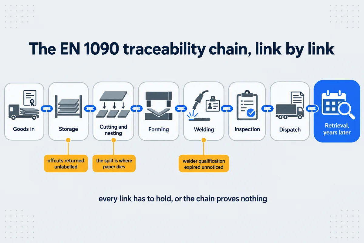The EN 1090 traceability chain from goods in to retrieval years later, with the three usual break points marked: offcuts returned unlabelled, the split at cutting, and welder qualifications expiring unnoticed.