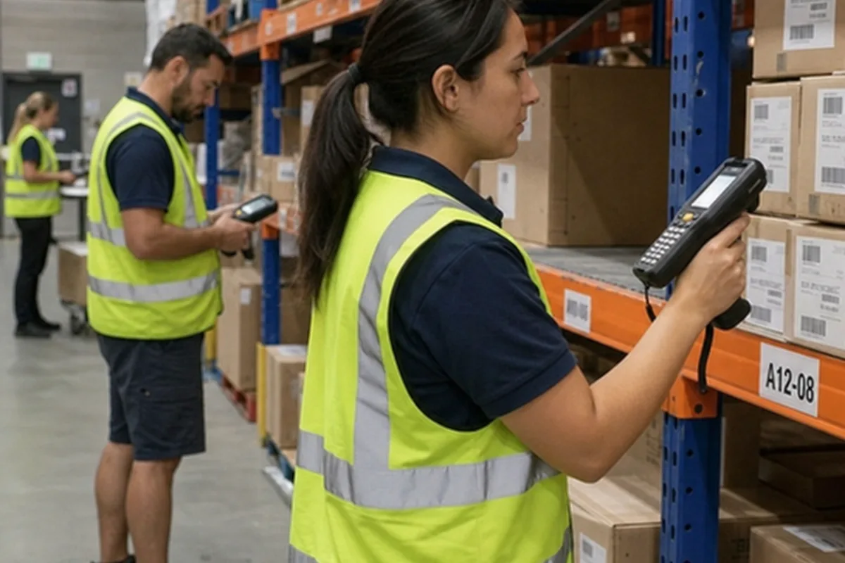 A warehouse team using handheld scanners beside racking, capturing stock moves at the point of work rather than at the end of the day.