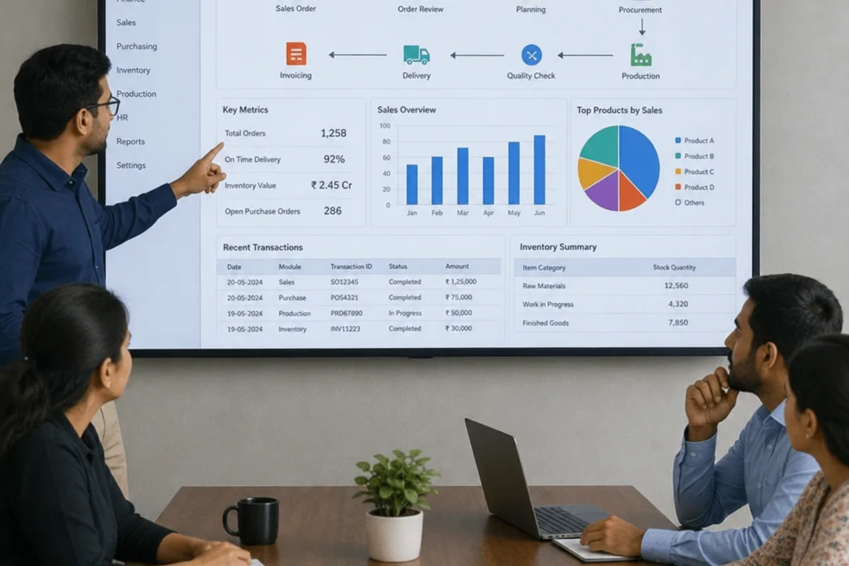 An illustration of a factory and warehouse connected by data streams to a central planning screen showing orders, stock and production progress.