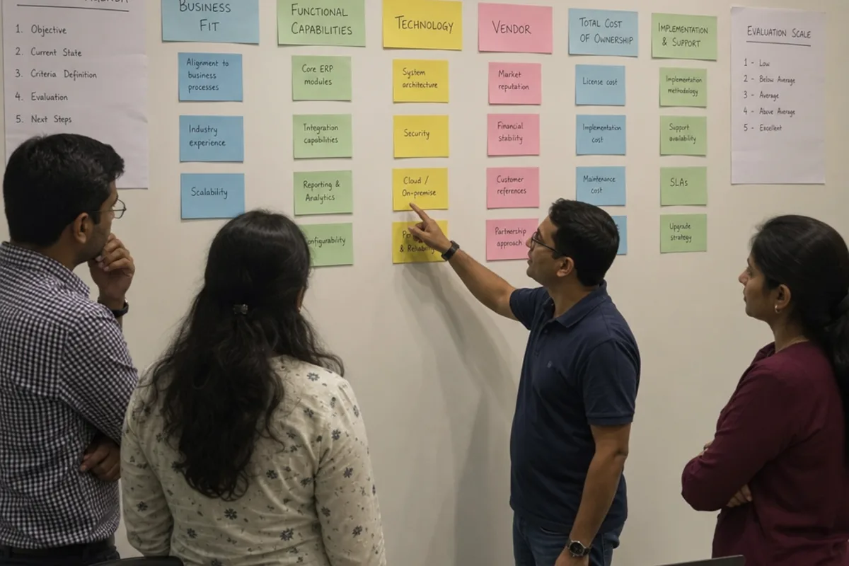 A production office wall board and a laptop dashboard side by side, showing works orders, material shortages and delivery dates being reconciled during an ERP rollout.