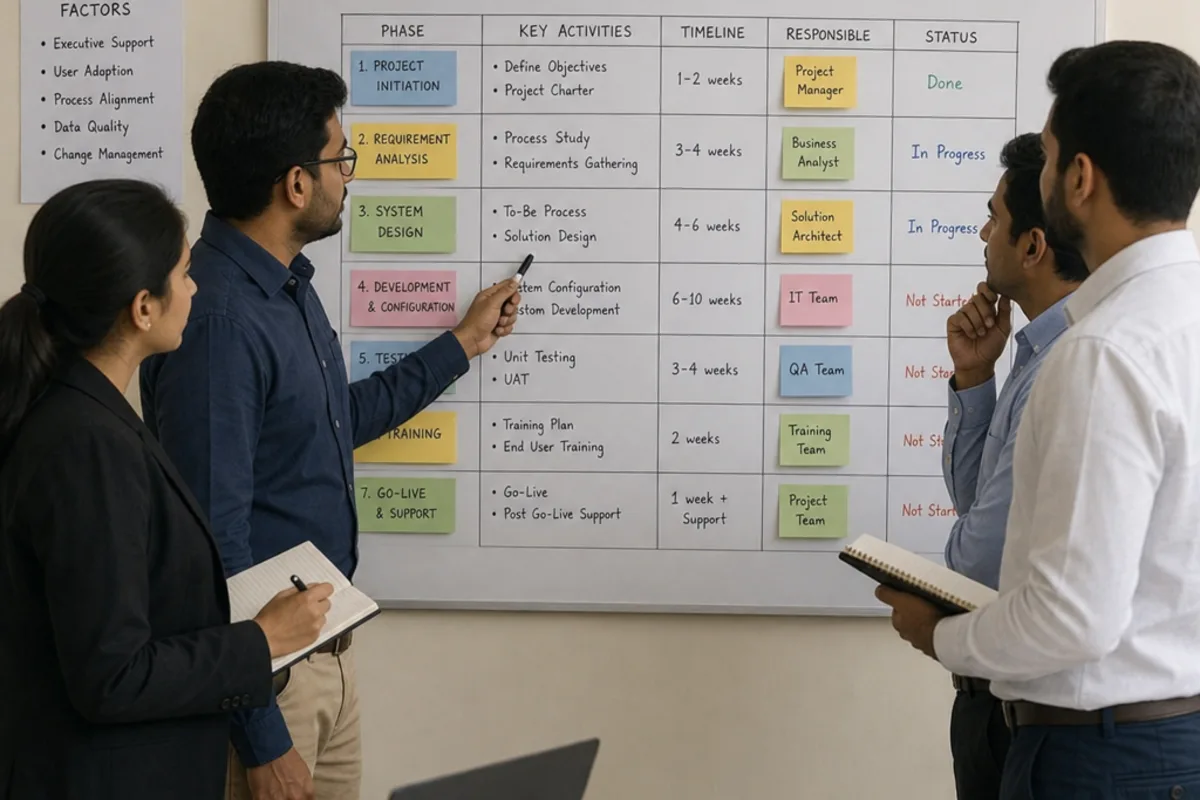 Two colleagues reviewing a migrated supplier and product data extract on screen, marking duplicate records and inconsistent codes before a trial ERP cutover.