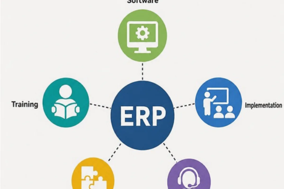 Two colleagues comparing ERP proposal line items on screen against a scoping document, highlighting which implementation and support items each vendor has excluded.