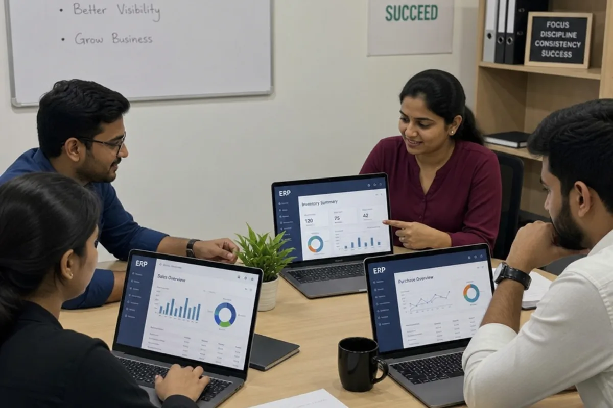 A small business team comparing open source ERP options side by side, with columns for stock, purchasing, manufacturing and finance.