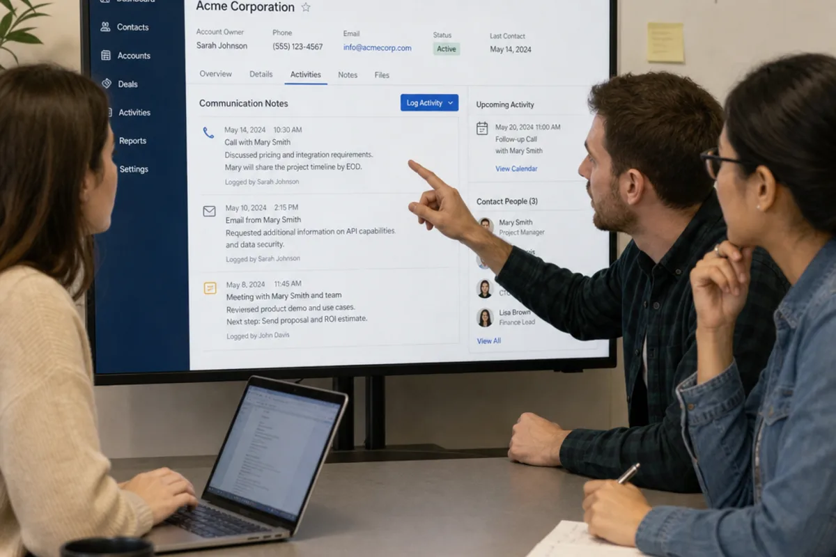 A client manager reviewing a contact record and follow-up tasks on screen before making a call.
