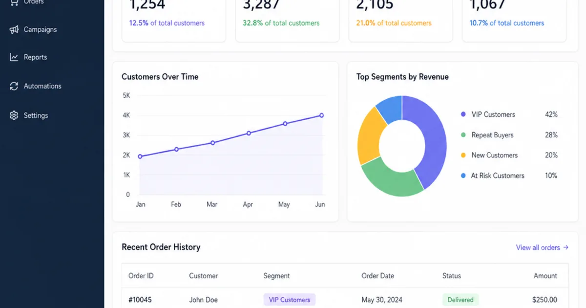 A customer record open on a laptop showing order history, past support messages and a segment tag.