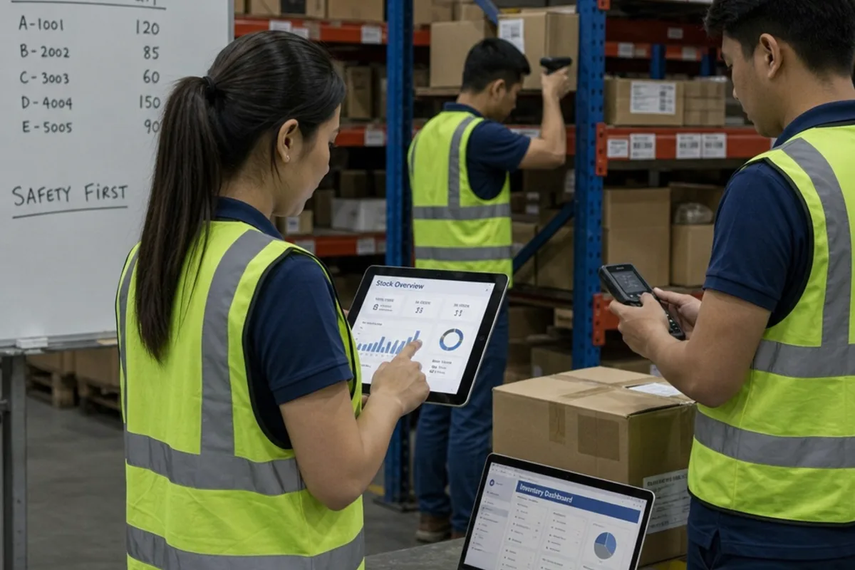 A warehouse supervisor checking a picking screen beside racking while a colleague scans a carton label.