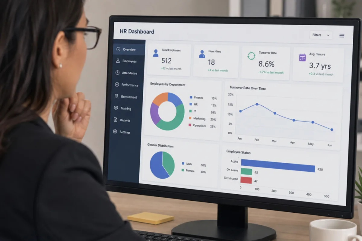 HR manager reviewing a centralised employee record screen while a colleague checks a printed onboarding checklist.