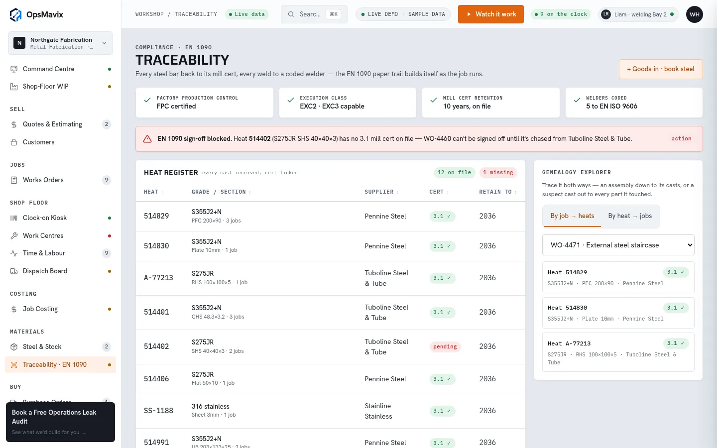EN 1090 traceability screen with heat register, mill certificates and a genealogy explorer tracing jobs to steel casts