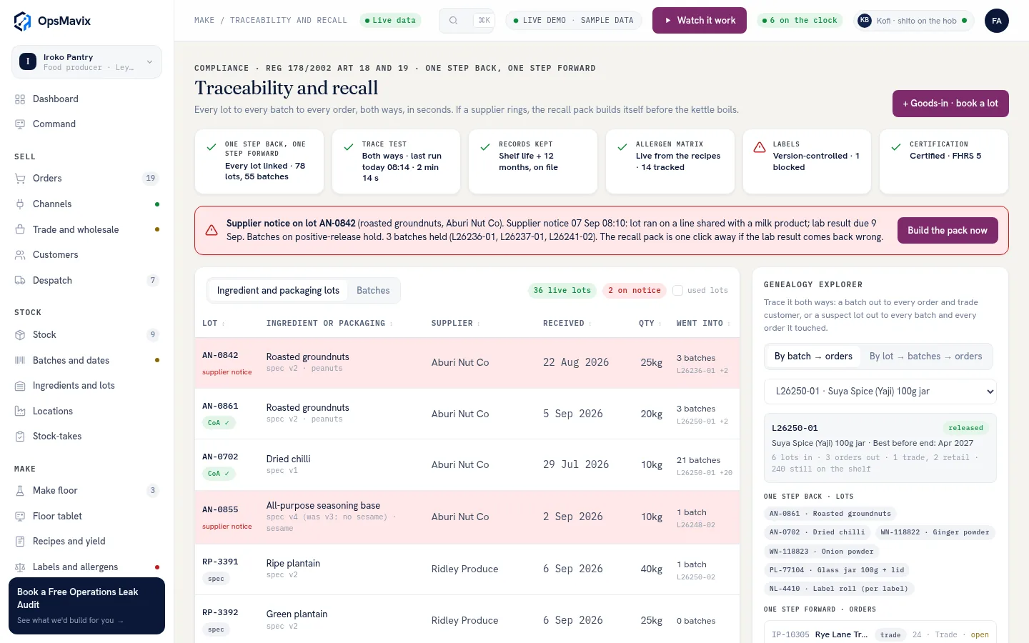 Batch and lot traceability screen linking ingredient lots to finished batches