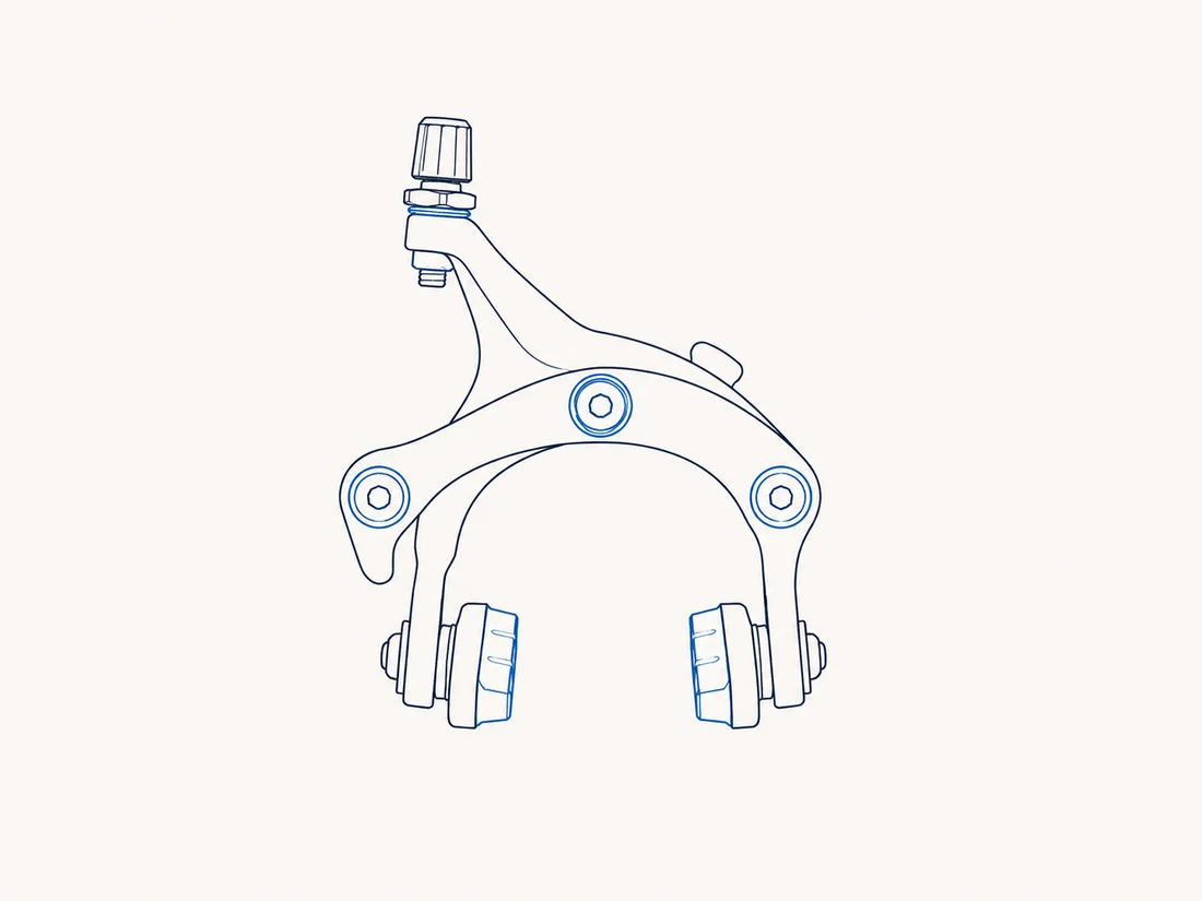 Technical line drawing of a bicycle brake caliper, one component from the bill of materials.