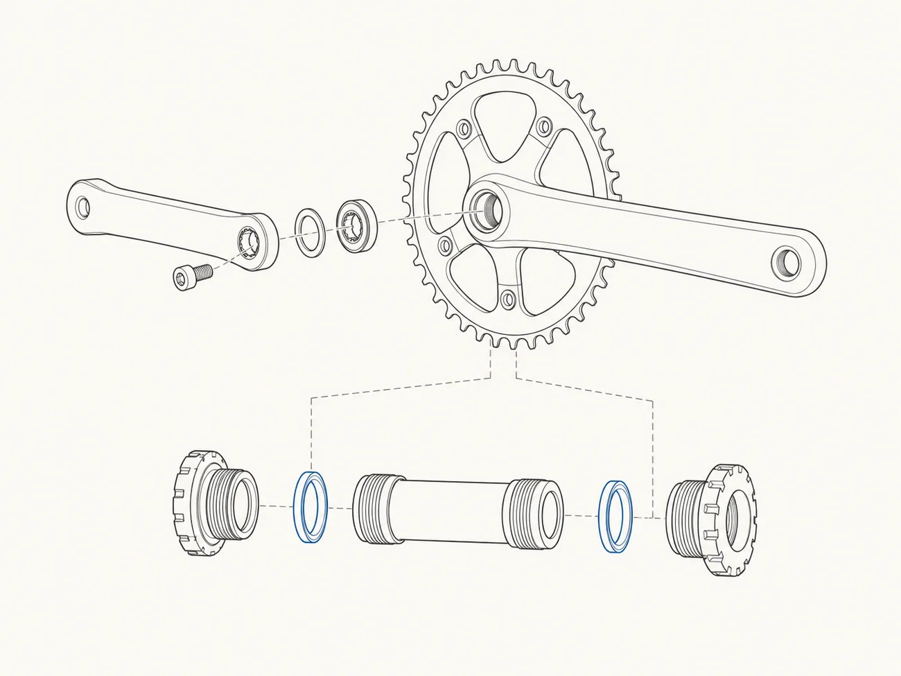 Exploded technical diagram of a bicycle crankset and bottom bracket, with the crank arm, chainring, bearings, spindle and threaded cups drawn separated along an assembly axis.