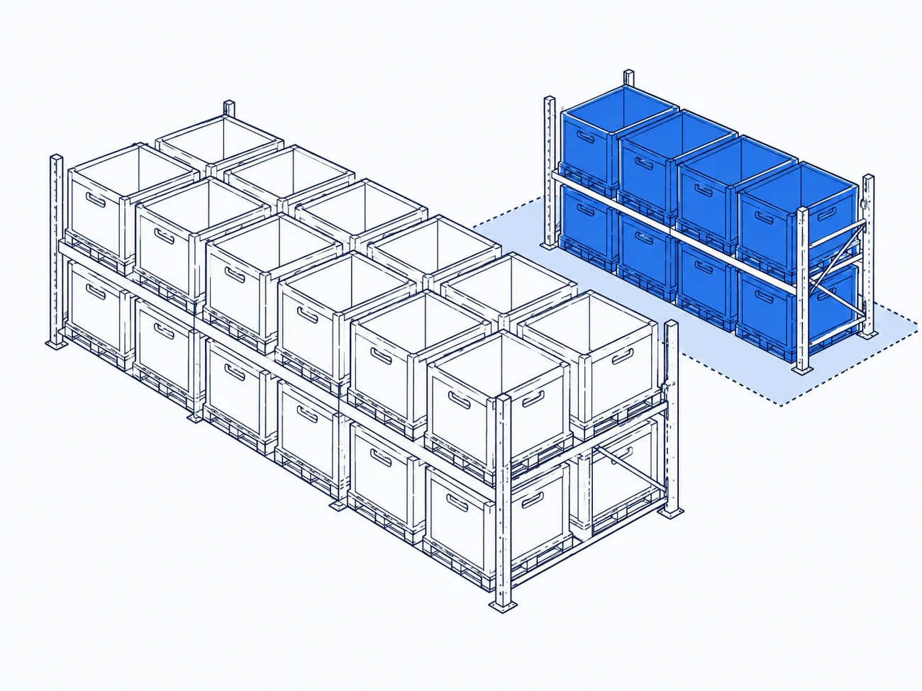 Technical illustration of a row of warehouse stock bins, with a highlighted reserve section set aside at the back as a safety-stock buffer.